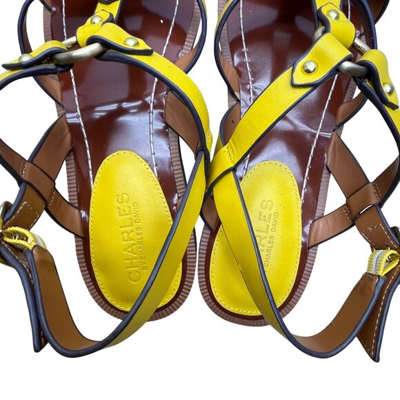 Charles David Yellow/Brown Leather Adjustable Strappy Sandals Sz 10M - New - Picture 6 of 9